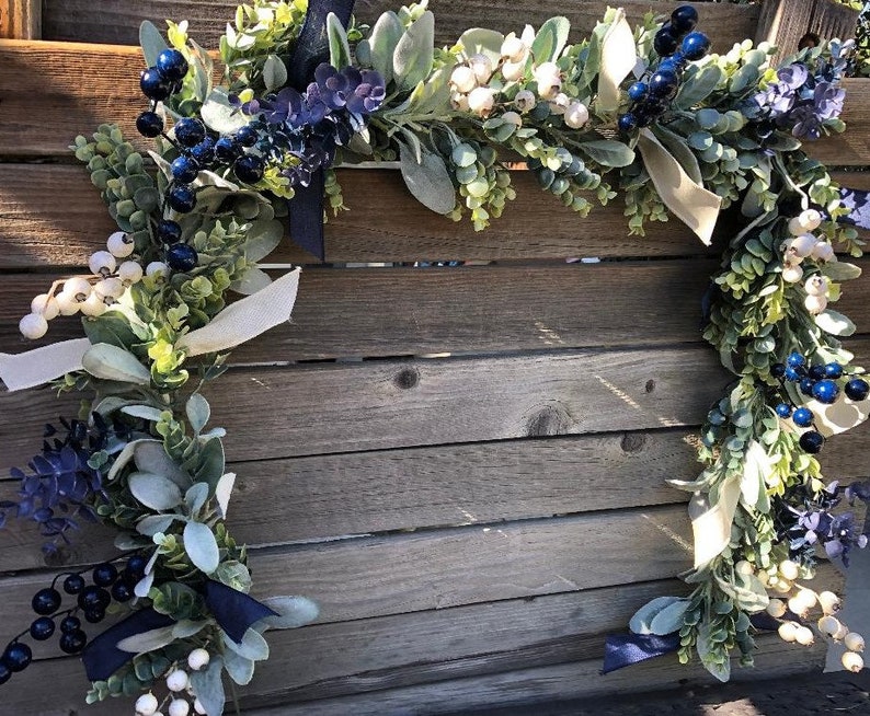 Christmas Garland Winter Door Decor Christmas Eucalyptus Crabapple Swag Blue White Table Decor Everyday Mantel Garland Holiday Mantel Decor image 2