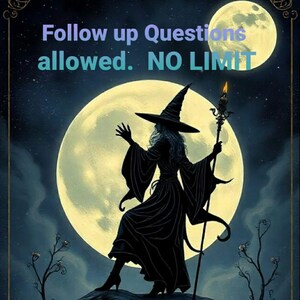 May include: Silhouette of a witch in a black dress and pointed hat, standing on a rock with a staff in hand, against a backdrop of a large, bright yellow moon and a starry night sky. The text "Follow up Questions allowed. NO LIMIT" is displayed at the top of the image.