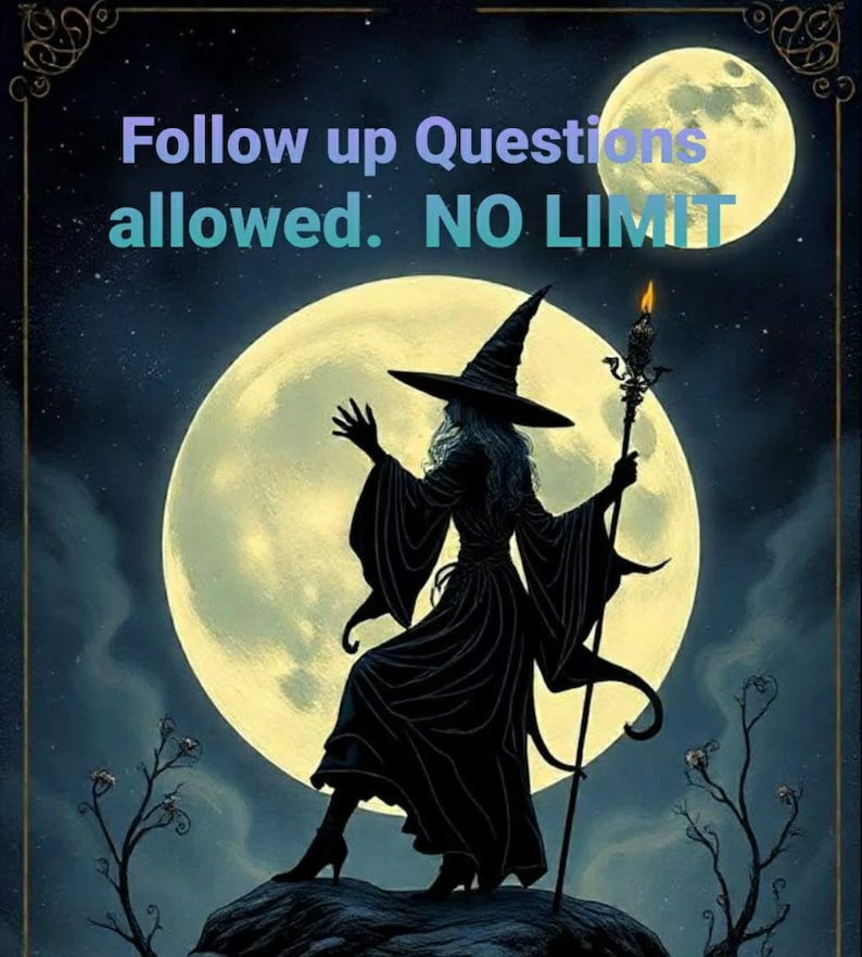 May include: Silhouette of a witch in a black dress and pointed hat, standing on a rock with a staff in hand, against a backdrop of a large, bright yellow moon and a starry night sky. The text "Follow up Questions allowed. NO LIMIT" is displayed at the top of the image.