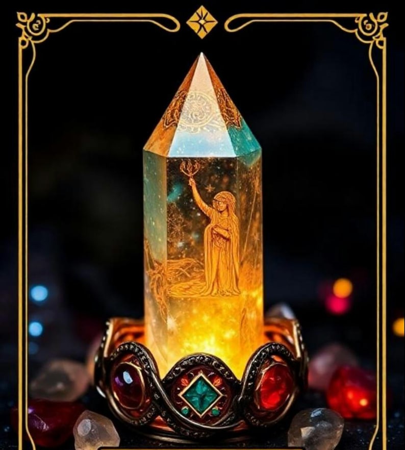 May include: A clear crystal point with a gold-toned metal base and a decorative crown. The crystal features an image of a woman holding a staff, surrounded by stars. The crown has red and green gemstones.