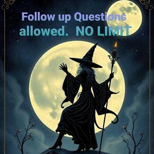May include: A silhouette of a witch with a pointed hat and long flowing robe stands on a rocky outcrop, holding a staff with a lit candle at the top. The witch is silhouetted against a large, bright full moon in a dark night sky. The text "Follow up Questions allowed. NO LIMIT" is written in blue text at the top of the image.