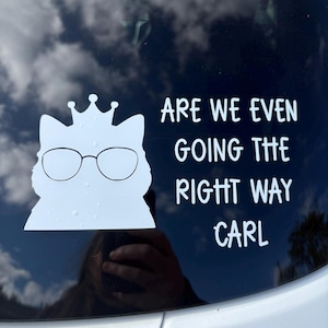 May include: White vinyl decal featuring a cat wearing glasses and a crown. The text reads "ARE WE EVEN GOING THE RIGHT WAY CARL". The decal is applied to a car window, with a cloudy sky visible through the glass.
