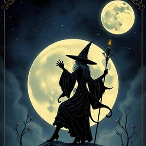 May include: Silhouette of a witch with a pointed hat and long flowing robe, standing on a rocky outcrop under a full moon. The witch is holding a staff with a lit candle on top.
