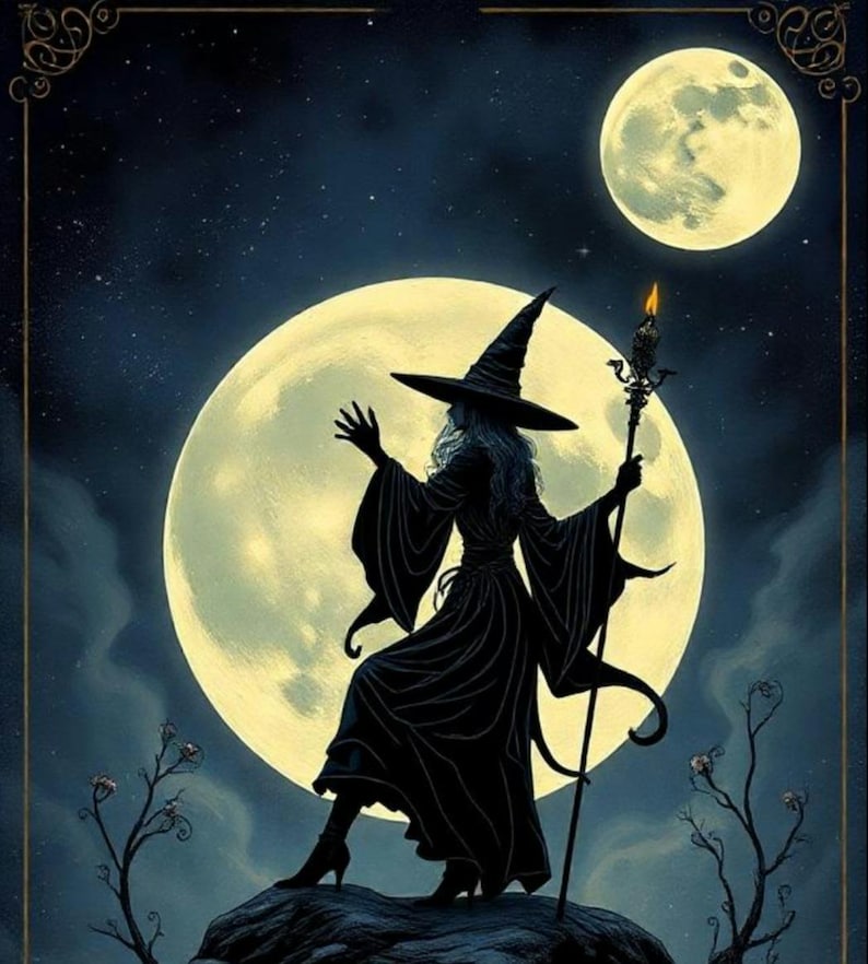 May include: Silhouette of a witch with a pointed hat and long flowing robe, standing on a rocky outcrop under a full moon. The witch is holding a staff with a lit candle on top.