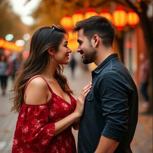 May include: A couple gazing at each other on a city street. The woman wears a red floral dress with off-the-shoulder sleeves. The man is in a dark blue button-down shirt. The background is blurred with warm tones and street lights.