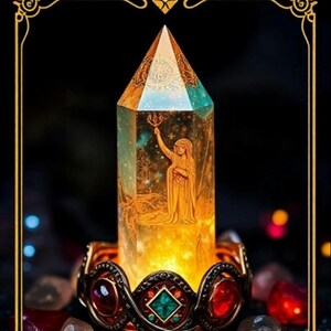 May include: A clear crystal point with a gold-toned metal base and a decorative crown. The crystal features an image of a woman holding a staff, surrounded by stars. The crown has red and green gemstones.