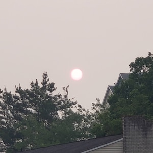 Peut inclure: Un soleil rose pâle et brumeux brille à travers un ciel nuageux, partiellement caché par des arbres et le toit d'une maison.