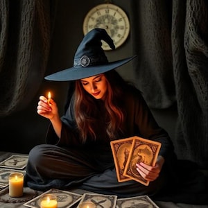 May include: A woman in a black witch hat and robe holds a lit candle and tarot cards. Several tarot cards are spread out, along with lit candles. A clock hangs on the wall in the background.
