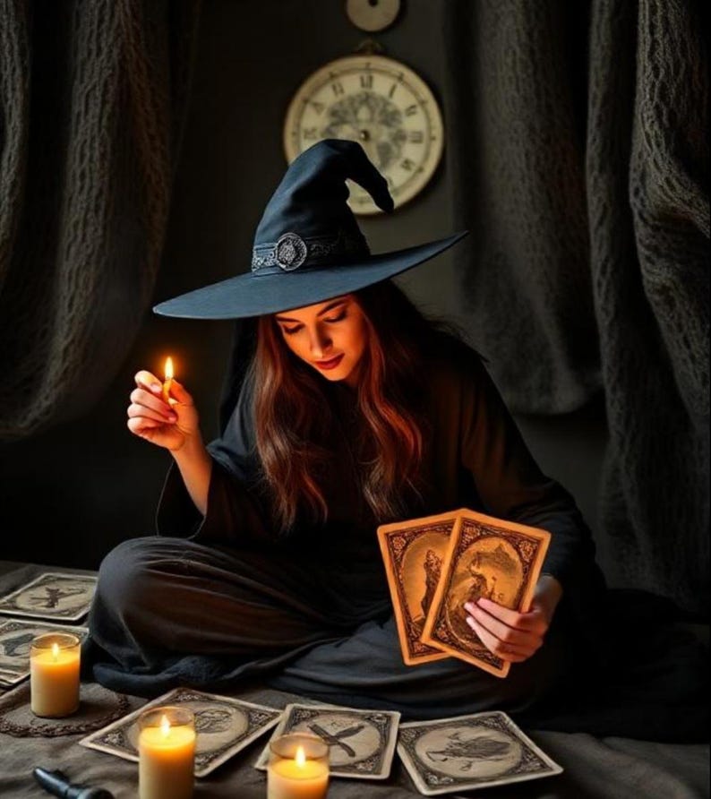 May include: A woman in a black witch hat and robe holds a lit candle and tarot cards. Several tarot cards are spread out, along with lit candles. A clock hangs on the wall in the background.