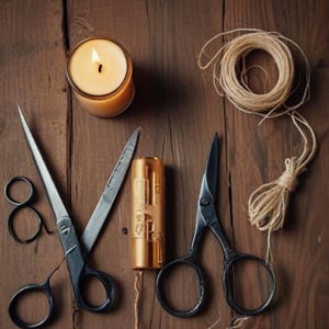 May include: A still life featuring a lit candle, two pairs of scissors, a small gold box, and a ball of twine on a wooden surface.