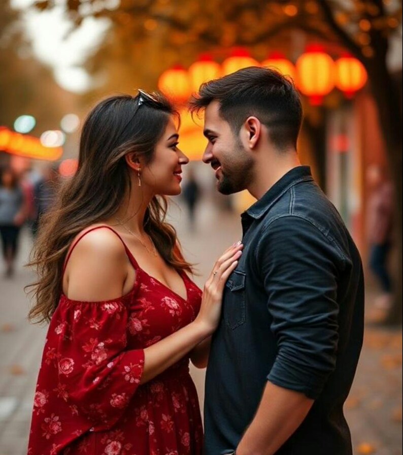 May include: A couple looking at each other with a warm, loving expression. The woman is wearing a red floral dress with off-the-shoulder straps. The man is wearing a dark blue denim jacket. The background is blurred and features warm, orange lights.