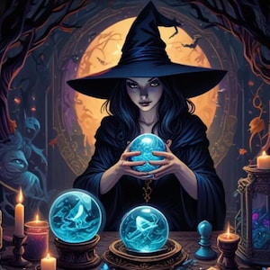 May include: A witch wearing a black pointed hat and robe stares into a crystal ball. She is surrounded by candles and other magical objects. The scene is set in a dark and mysterious woodland.