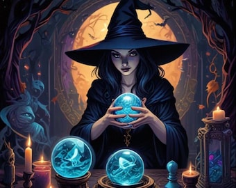 Puede incluir: Una bruja con un sombrero puntiagudo negro y una túnica mira fijamente una bola de cristal. Está rodeada de velas y otros objetos mágicos. La escena se desarrolla en un bosque oscuro y misterioso.