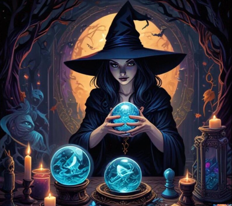 May include: A witch wearing a black pointed hat and robe stares into a crystal ball. She is surrounded by candles and other magical objects. The scene is set in a dark and mysterious woodland.