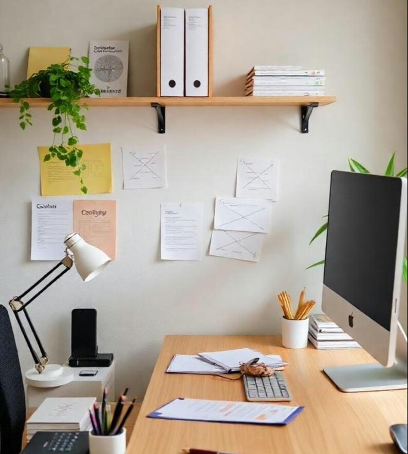 May include: A home office workspace with a wooden desk, a computer monitor, a lamp, and a shelf with folders and books. Papers are pinned to the wall behind the desk.