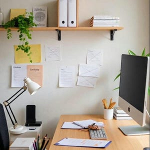 May include: A home office setup with a wooden desk, a computer monitor, and a white desk lamp. The wall features a wooden shelf with binders and books, along with papers and a plant. The desk has a keyboard, mouse, and pencils.