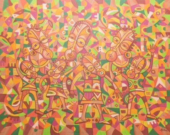 The Happy Family 9 - Original surreal painting from Africa of a family