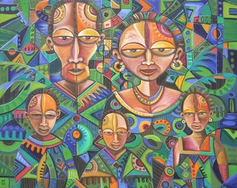 The Happy Family 5 - Original painting of a family in a tropical setting