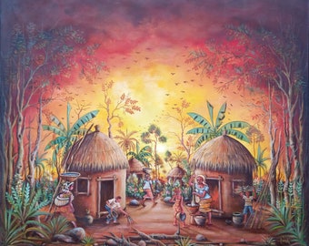 In the Village - Original painting of idyllic scene of African villagers