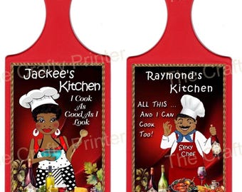 PERSONALIZED (Your Name) African American Chef Wall Decor: Cutting Board Sign or Wooden Plaque - Whimsical Male and Female Designs