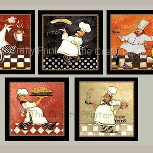 SET of FIVE - Fat CHEF Themed Kitchen Decorator Wall Plaques - Each Wood Plaque is 5" x 5" x 1/4" - Sawtooth Hanger - Ready to Hang!