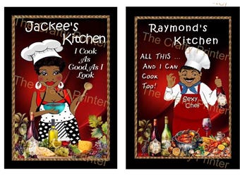 PERSONALIZED (Your Name) African American Chef Wall Decor: Wooden Plaque or Cutting Board Sign - Whimsical Male and Female Designs