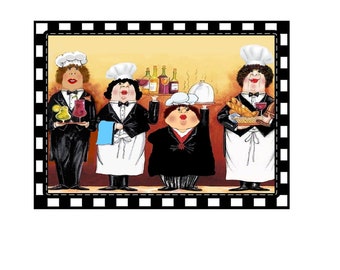 FOUR SNOOTY CHEFS  8"x12" Wooden Wall Sign - Two Designs - Male or Female Chef/Waiters - Great for Kitchen or Dining Area!  Ready to Hang!