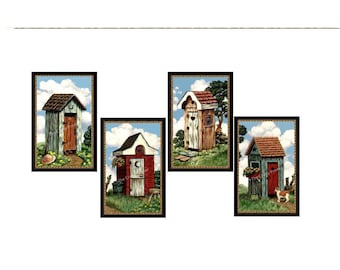 SET OF FOUR Outhouse Bath Wall Hangings - Comes in Two Different Plaque Sizes - 4" x 7" and 6" x 10" - Sawtooth Hanger on Back