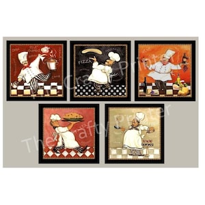 May include: Five framed square prints featuring chefs in various poses. Each chef is depicted in a white uniform and hat, with checkered floors and dark frames. The prints have a vintage, illustrative style, with warm colors.