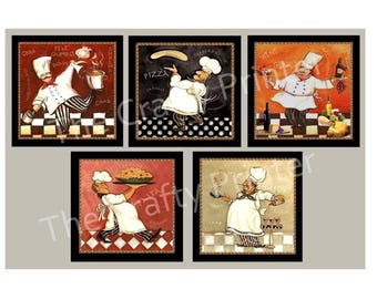 SET of FIVE Fat Chef 5" x 5" Wall Plaques - Sawtooth Hanger - Ready to Hang!