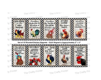 Set of 10 ROOSTER-CHICKEN Magnets - Cute & Humorous - FREE Shipping!