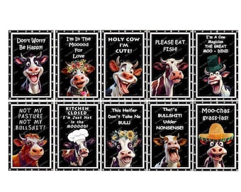 SET of TEN COW Magnets - Cute & Humorous - Each Magnet is 2" x 3" - Free Shipping!