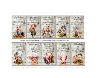 SET of TEN PIG Magnets - Cute & Humorous - Choice of White or Brown Wood Fence Background - Each Magnet is 2" x 3" - Free Shipping!