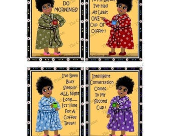 Funny BLACK LADY COFFEE Magnets - 4 pc set