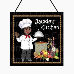 YOUR NAME 9"x8" African American Lady Chef OR Male Chef - Choice of Black Rope Hanger or Sawtooth Hanger - Vegetables or Crawfish Boil