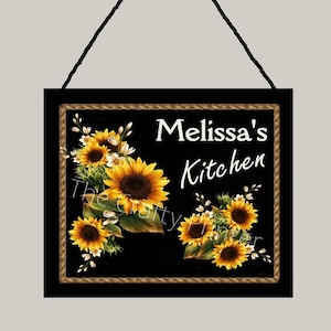 YOUR NAME Sign 5&quot;x5&quot; Wall Sign - SUNFLOWERS - Custom Made Wooden Personalized Plaque - Black Rope Hanger