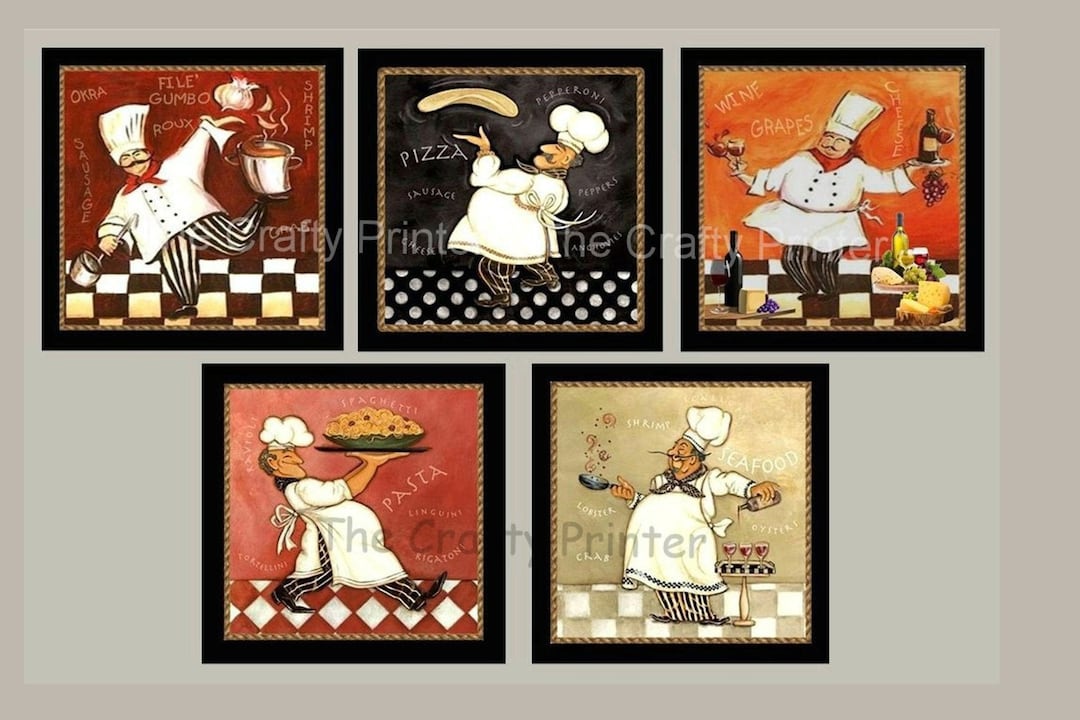 SET of FIVE Fat CHEF Themed Kitchen Decorator Wall Plaques Each Wood