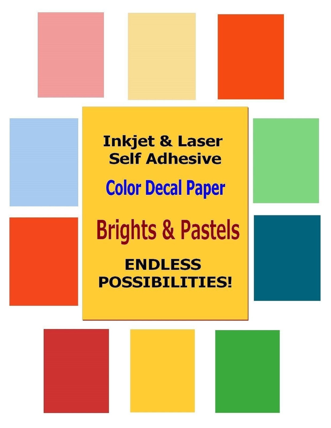 Inkjet & Laser BRIGHT COLOR Self Adhesive Decal Paper Variety of