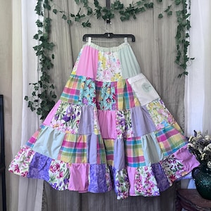 Upcycled Cottagecore Patchwork Tiered Maxi Skirt, Boho Festival Colorful Hippie Skirt, Romantic Flowy One of a Kind Handmade