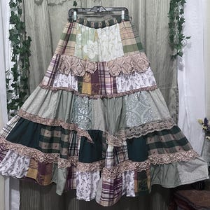 Into The Woods Cottagecore Patchwork Maxi Skirt with Tattered Tea-Stained Lace