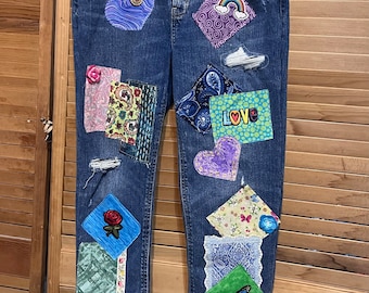 Handmade Upcycled Patchwork Jeans Hippie Festival theme OOAK frayed tattered denim size 8  upcycled size 8