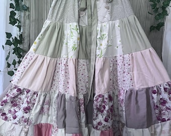 Upcycled Tiered Patchwork Maxi Skirt, Floral Ruffle Boho Summer Cottagecore, Cotton Flowy Festival Skirt, Handmade Women's Bohemian Clothing