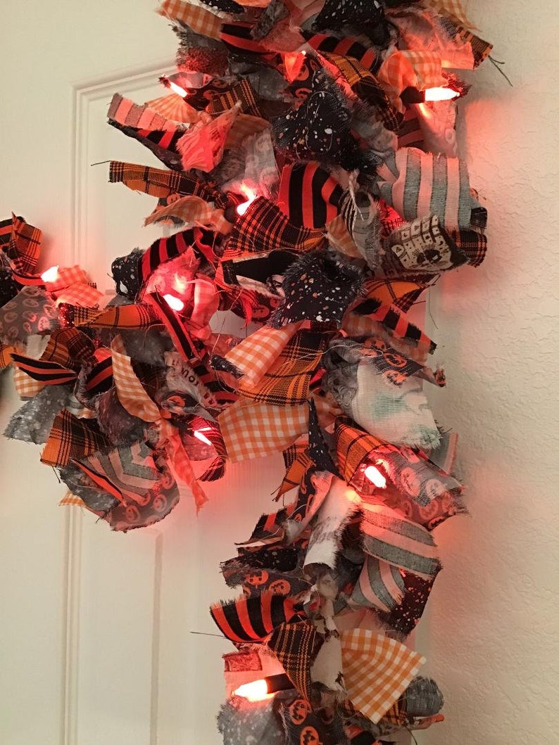 9.5' Halloween Garland 50 Orange Lights Rag Fabric Etsy