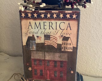 Block Candle Holder: Americana Two Sided, Folk Art Look 4th Of July Candle Block