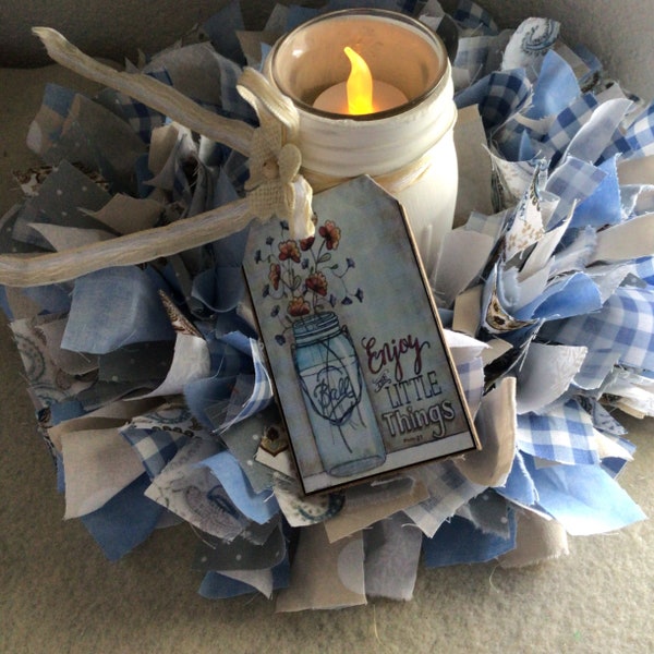 12” Blue Tan Rag Wreath, Enjoy Little Things Mason Jar Votive, Spring Summer Rag Wreath, Country Kitchen Rag Wreaths Spring Candle Ring