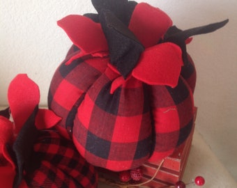 Handmade Buffalo Check Fabric Pumpkin: Red and Black Flannel Decor