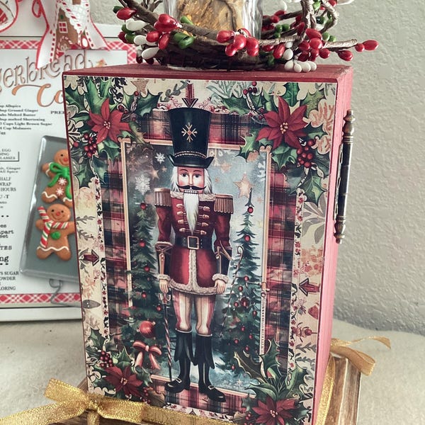 Block Candle Holder: Vintage Nutcracker, Two Sided Christmas Wood Block Candle Holder, Closeout.,