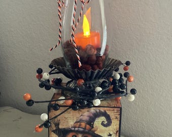 Halloween Owls Candle Lantern, Faux Country Hurricane Lamp, Handmade 4 Sided Hurricane Wood Candle Holder, Rustic Country Lamp