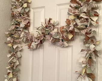 50 Light Tan Green Bird Garland, Spring/Summer 11’ Rag Sunflower Fabric Garland, Cottagecore Shabby Garden Garland, Country Garden