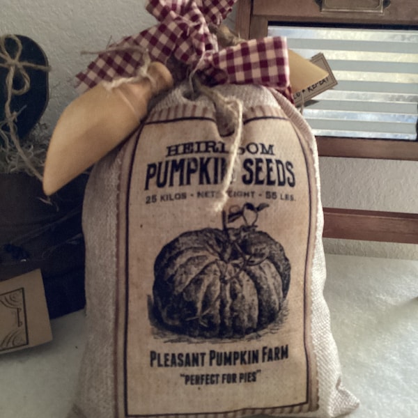 Pumpkin Seeds Burlap Pantry Bag, Rustic Country Farmhouse, Prim Fall Country, Free Ship!
